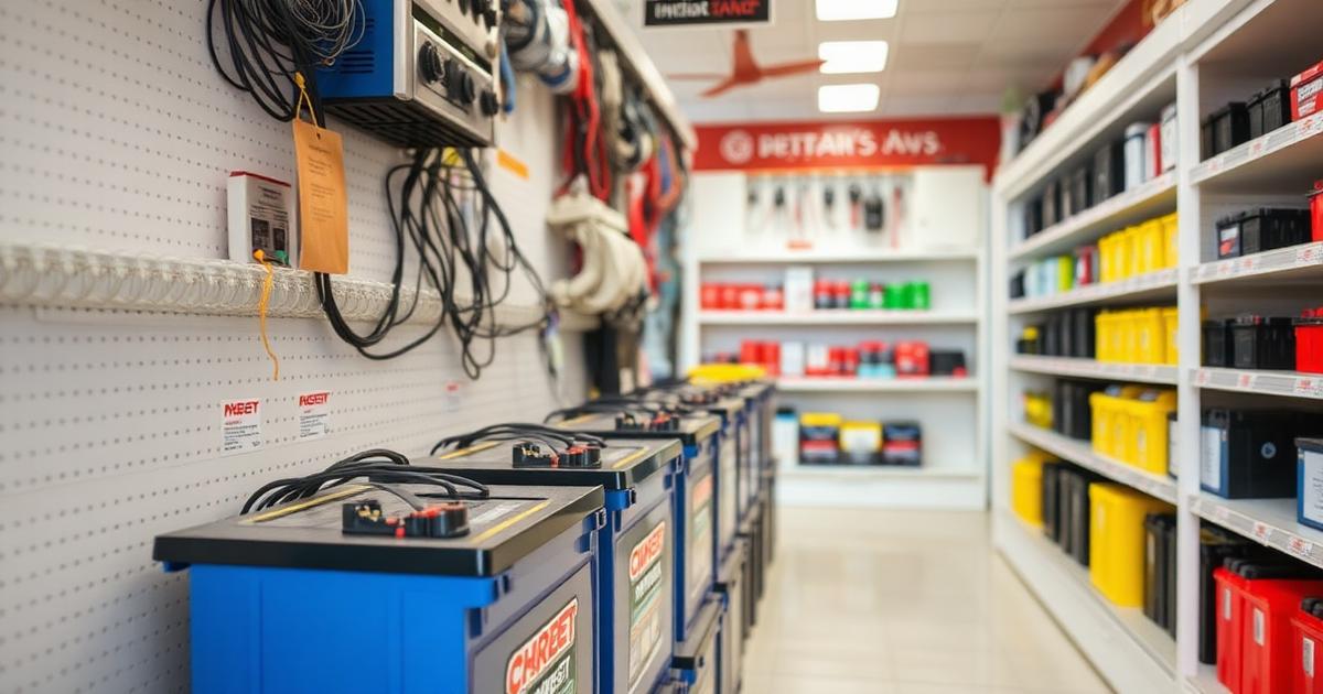 Row of inverter batteries on display in a Siliguri battery shop