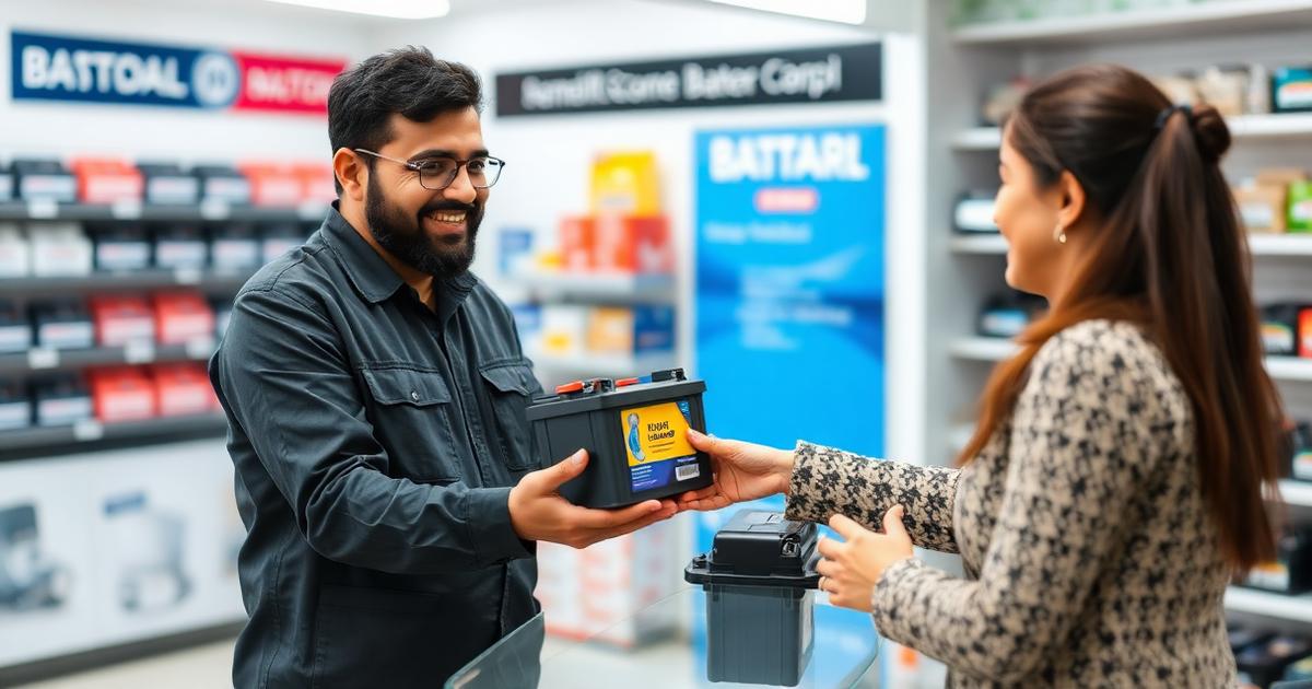 Dealer handing a genuine battery to a customer at a Siliguri shop counter