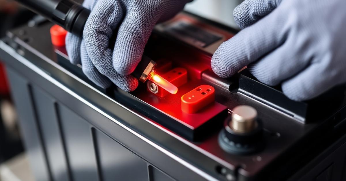 Gloved hands checking the terminals and water level of an inverter battery