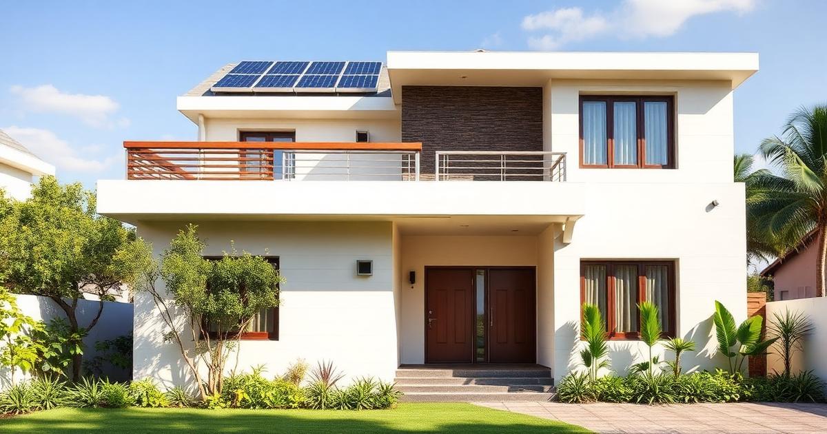 Modern Indian home with rooftop solar panels and garden