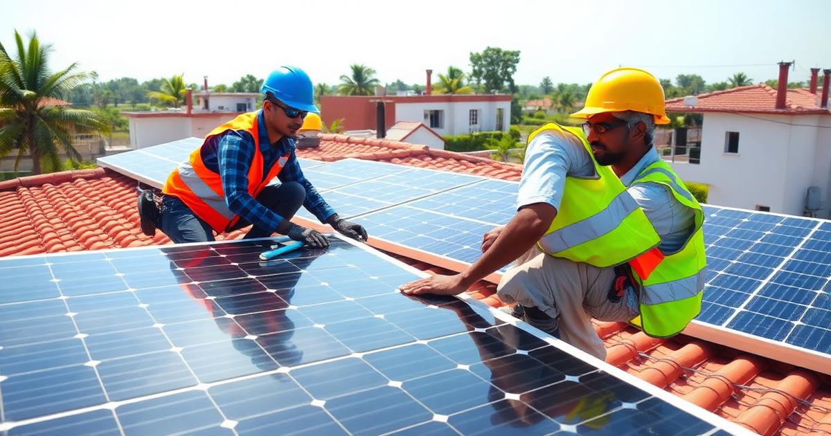 Technicians installing rooftop solar panels on a house in North Bengal
