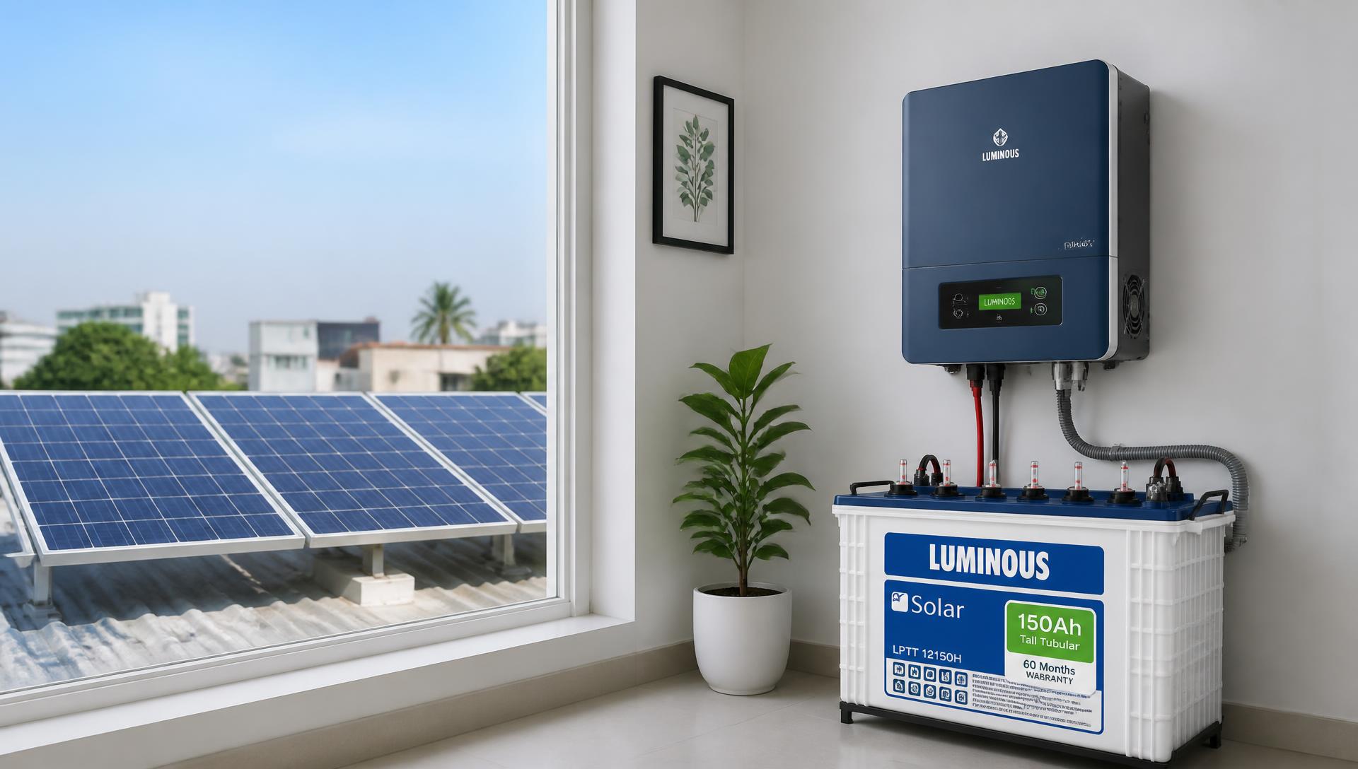 Home inverter and tubular battery installed beside a window with rooftop solar panels outside